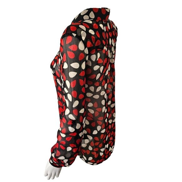 Diane Von Furstenberg 90s Sheer Silk Blouse Women 2 Red White on Black Long Slv - Picture 8 of 13